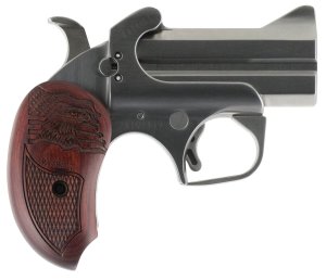 Bond Arms BAPA Patriot 45 Colt (LC)/410 Gauge 2rd 3" Stainless Steel Double Barrel & Frame w/Trigger Guard Auto Extractors & Rebounding Hammer Laser Engraved American Flag & Bald Eagle Rosewood Grip Manual Safety Includes Leather BAD Driving Holster
