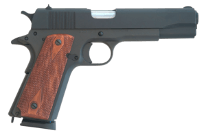 Cimarron 1911 1911  .45 ACP 8+1  5.03″ Black Steel Barrel  Black Parkerized Serrated Slide & Frame  Checkered Walnut Grips