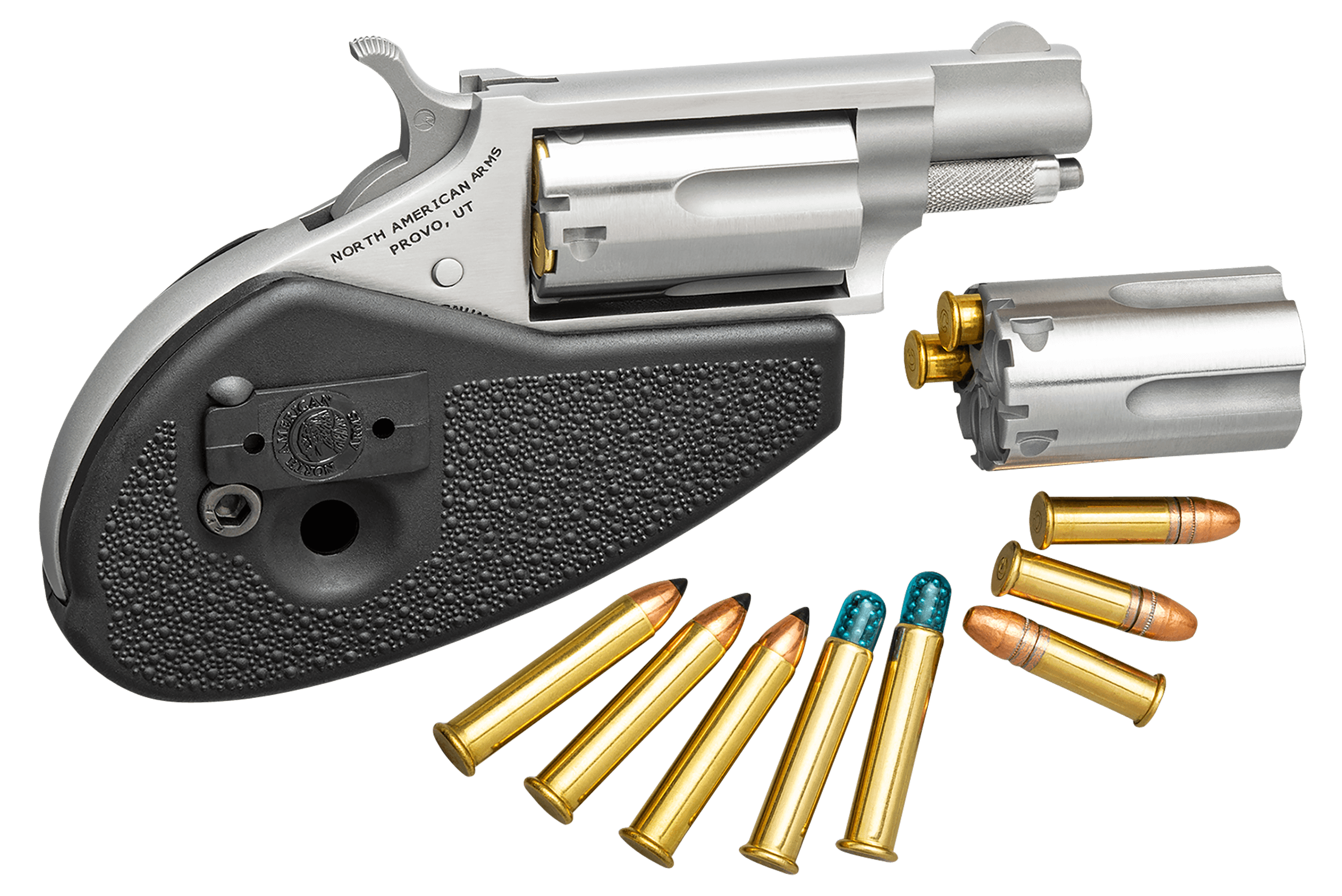North American Arms 22MSCHG Mini-Revolver 22 LR or 22 WMR 5 rd 1.13" Barrel Overall Stainless Steel Finish Black Synthetic Holster Grip Includes Cylinders