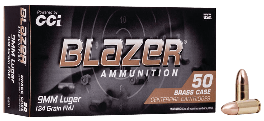 CCI 5201 Blazer Brass Handgun 9mmLuger 124gr Full Metal Jacket 50rd Box CCI 5201 Blazer Brass Handgun 9mmLuger 124gr Full Metal Jacket 50rd Box