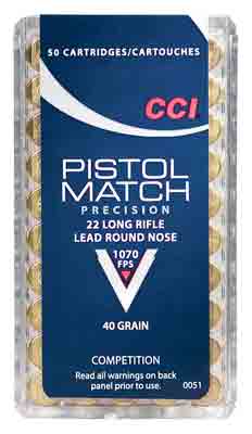CCI 0051 Pistol Match Competition 22LR 40gr Lead Round Nose 50rd Box CCI 0051 Pistol Match Competition 22LR 40gr Lead Round Nose 50rd Box