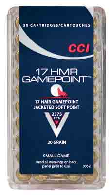 CCI 0052 Gamepoint Rimfire 17HMR 20gr Jacketed Soft Point 50rd Box CCI 0052 Gamepoint Rimfire 17HMR 20gr Jacketed Soft Point 50rd Box