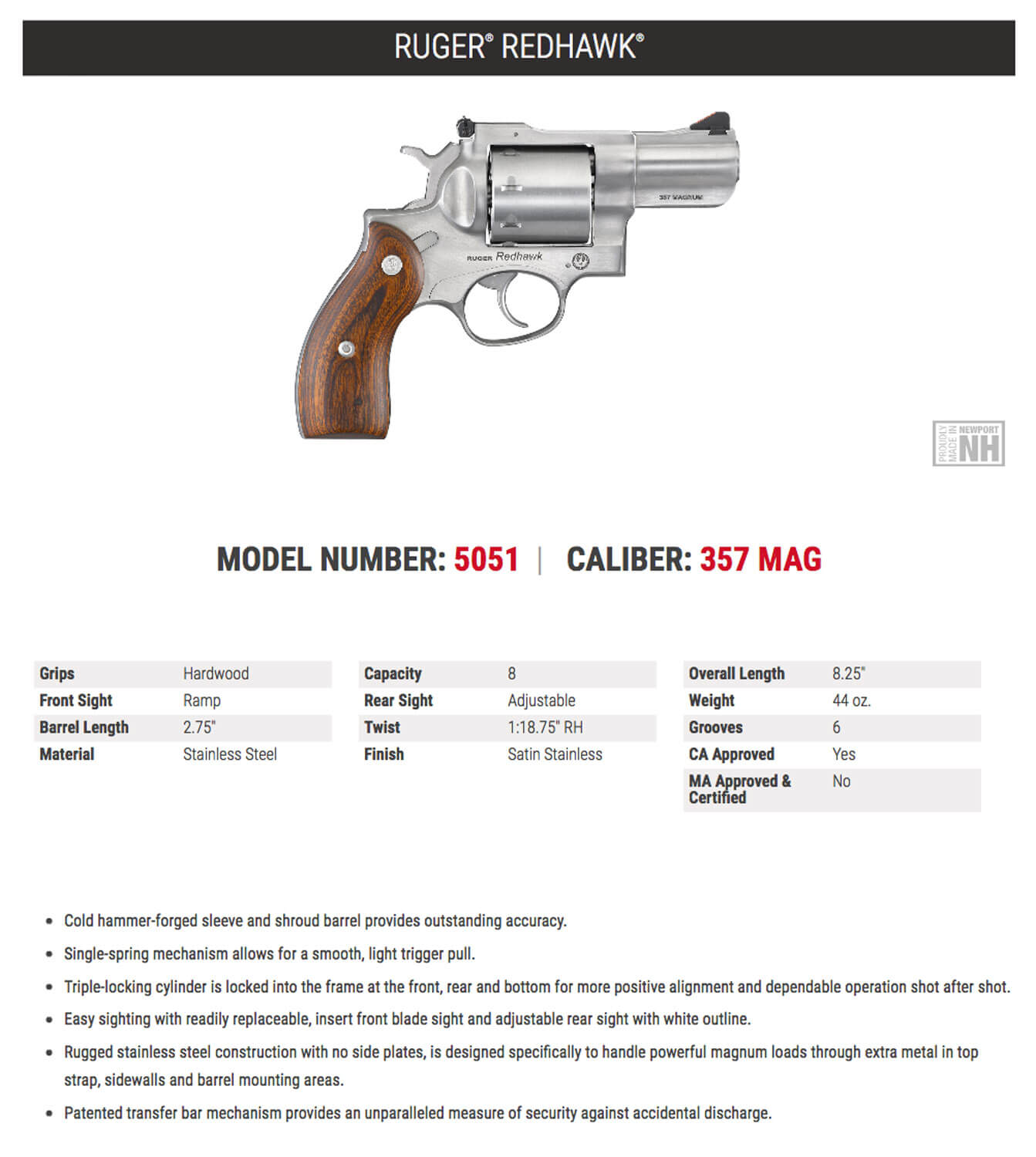 Ruger 5051 Redhawk 357 Mag/38 Special 8rd 2.75″ Satin Stainless Steel Barrel Cylinder & Frame Hardwood Grip Ruger 5051 Redhawk 357 Mag/38 Special 8rd 2.75″ Satin Stainless Steel Barrel Cylinder & Frame Hardwood Grip