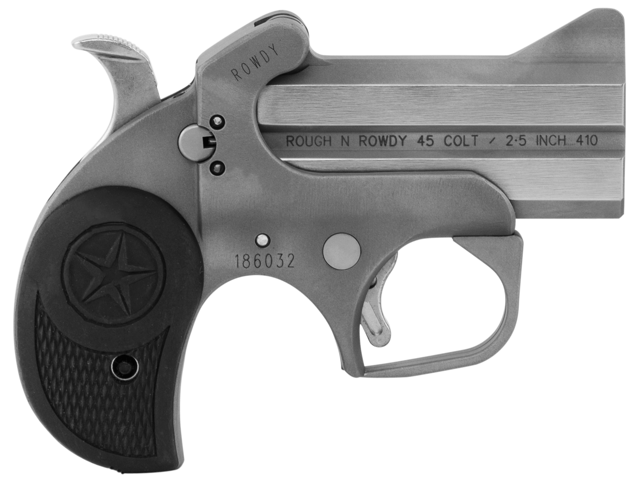 Bond Arms BARW Rowdy 45 Colt (LC)/410 Gauge 2rd 3″ Polished Stainless Steel Double Barrel & Bead Blasted Frame Auto Extractor & Rebounding Hammer Blade Front/Fixed Rear Sights Rubber Grip Manual Safety Bond Arms BARW Rowdy 45 Colt (LC)/410 Gauge 2rd 3″ Polished Stainless Steel Double Barrel & Bead Blasted Frame Auto Extractor & Rebounding Hammer Blade Front/Fixed Rear Sights Rubber Grip Manual Safety