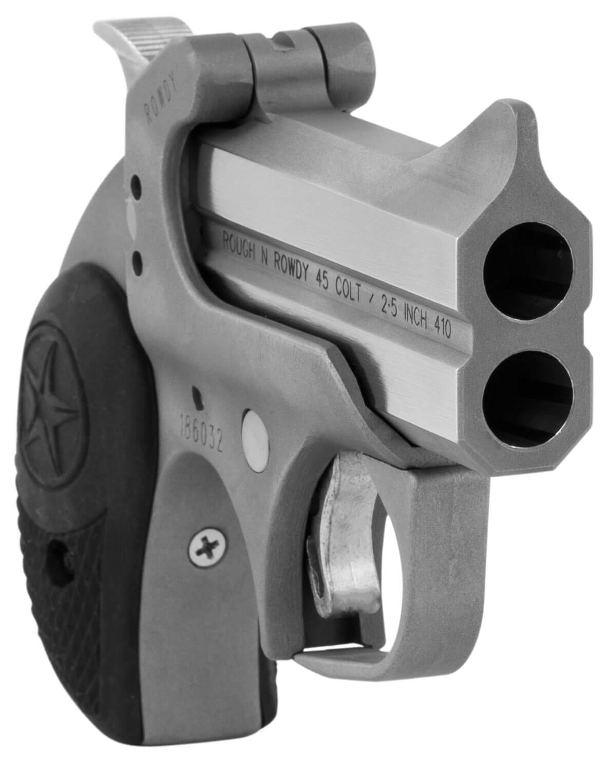 Bond Arms BARW Rowdy 45 Colt (LC)/410 Gauge 2rd 3″ Polished Stainless Steel Double Barrel & Bead Blasted Frame Auto Extractor & Rebounding Hammer Blade Front/Fixed Rear Sights Rubber Grip Manual Safety Bond Arms BARW Rowdy 45 Colt (LC)/410 Gauge 2rd 3″ Polished Stainless Steel Double Barrel & Bead Blasted Frame Auto Extractor & Rebounding Hammer Blade Front/Fixed Rear Sights Rubber Grip Manual Safety
