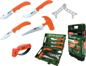 AccuSharp 728C Game Processing Kit Butcher/Caper/Gut-Hook/Bone Saw/Ribcage Spreader Gut Hook/Saw/Plain Stainless Steel Blade Orange FRN Handle AccuSharp 728C Game Processing Kit Butcher/Caper/Gut-Hook/Bone Saw/Ribcage Spreader Gut Hook/Saw/Plain Stainless Steel Blade Orange FRN Handle