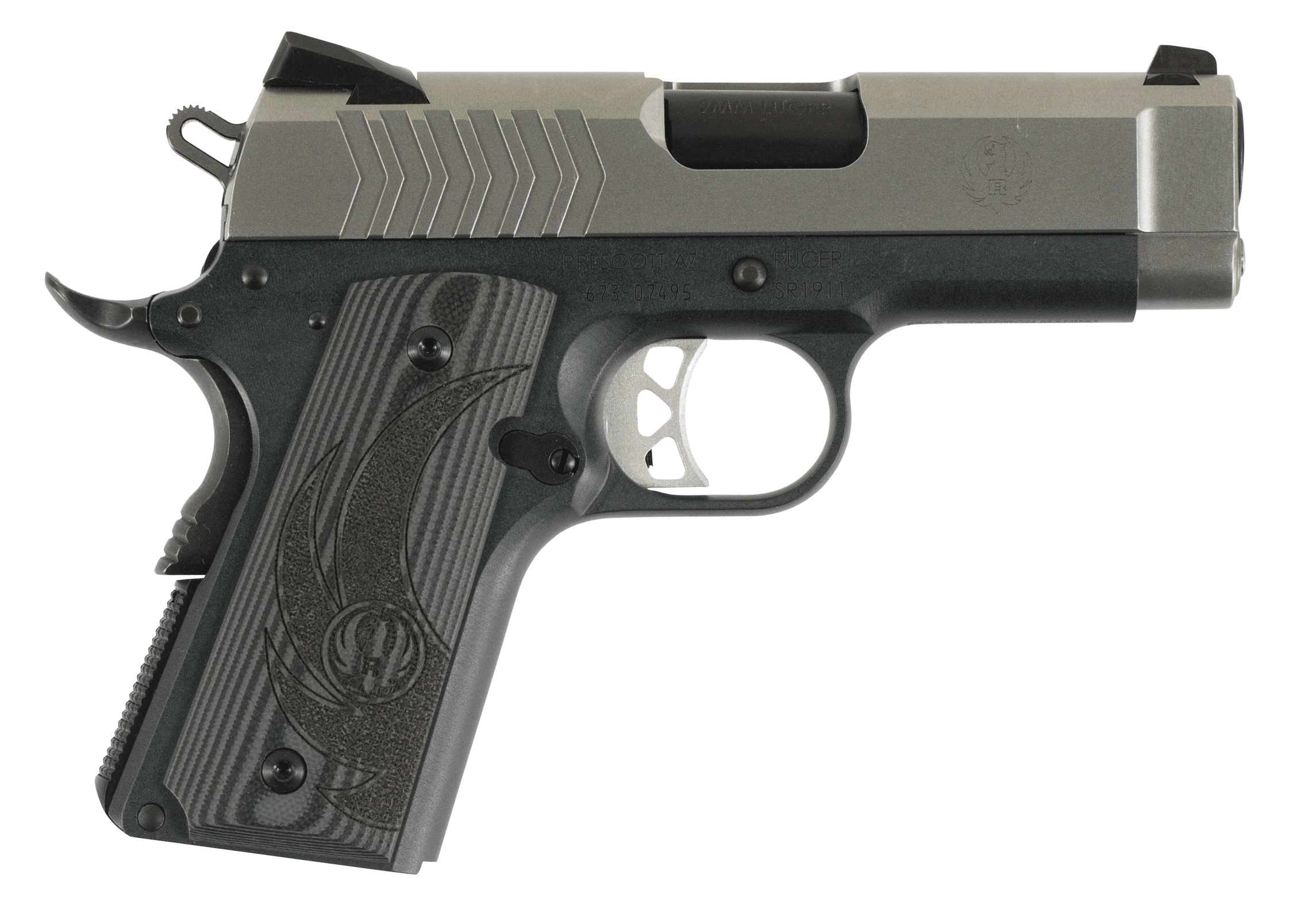 Ruger 6758 SR1911 Officer-Style 9mm Luger 7+1 3.60" Black Steel Barrel Serrated Stainless Steel Slide Tungsten Gray Cerakote Aluminum Frame w/Beavertail Deluxe Checkered G10 Grip