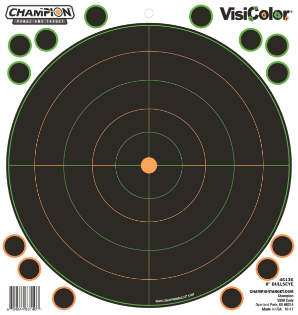 Champion Targets 46136 VisiColor  Self-Adhesive Paper Pistol/Rifle Black/Orange 8″ Bullseye Includes Pasters 5 Pack