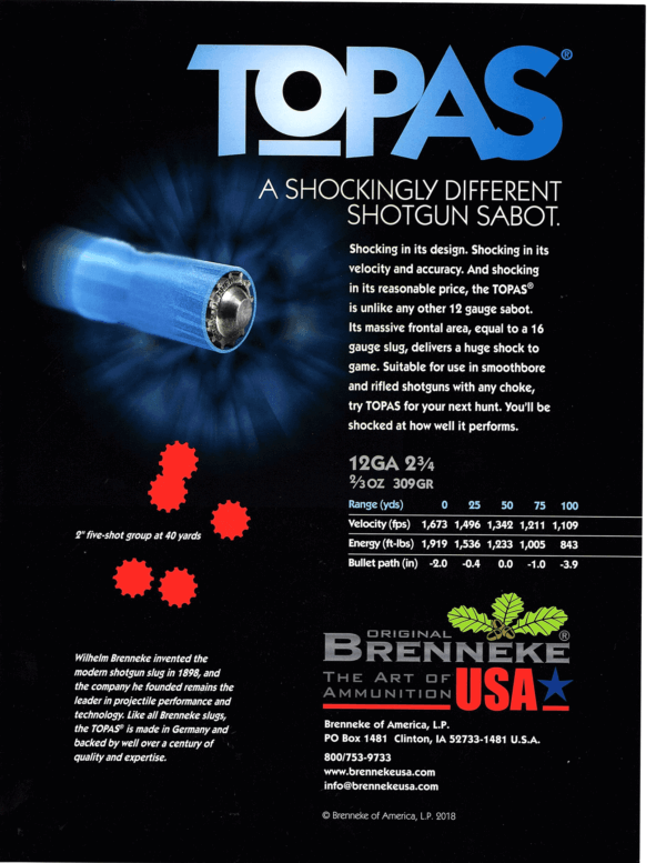 Brenneke SL122TOP TOPAS  12Gauge 2.75″ 2/3oz Sabot Slug Shot 5 Per Box