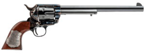 Cimarron CA558 Hollywood Series Wyatt Earp Frontier Buntline 45 Colt (LC) 6 Shot  10″ Blued Barrel & Cylinder  Old Model Pre-1896 Color Case Hardened Steel Frame & Hammer  One Piece Walnut Grip w/Wyatt Earp Peacekeeper Presentation Plaque Inlay