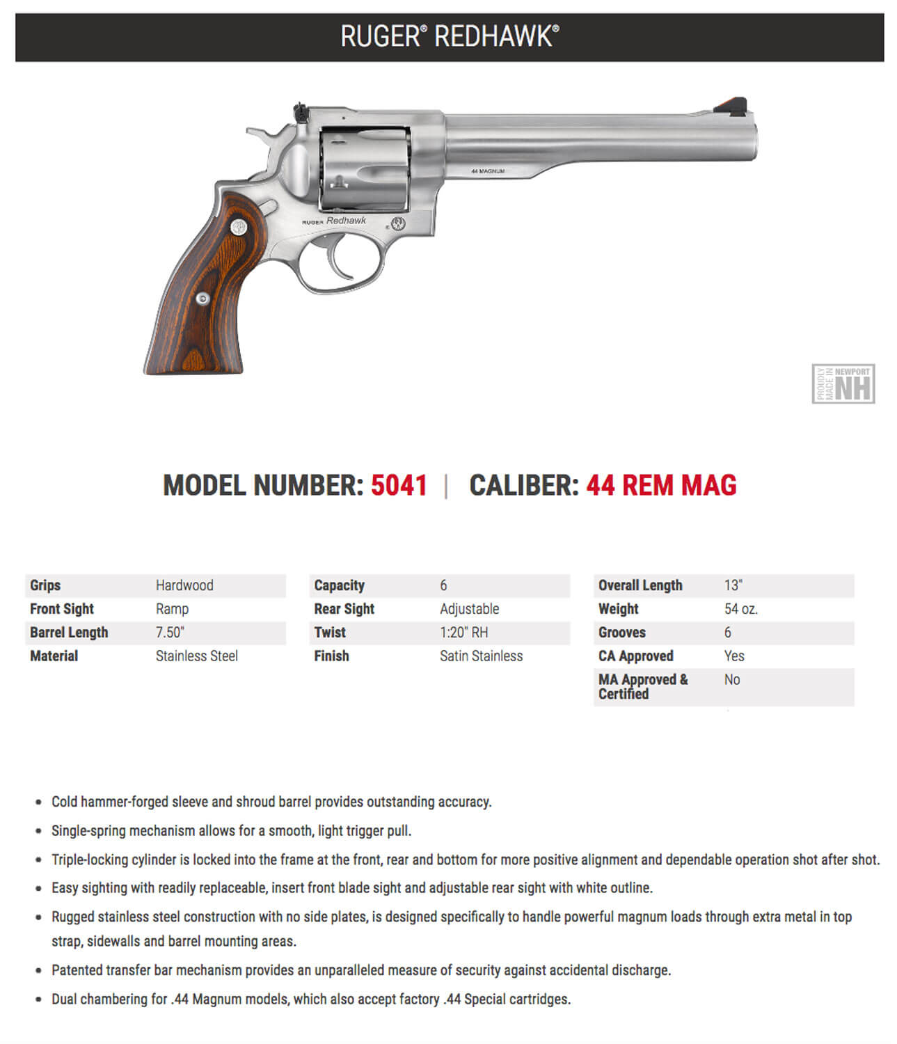 Ruger 5041 Redhawk Large Frame 44 Special/44 Rem Mag 6rd 7.50″ Satin Stainless Steel Barrel Dual Chambered Satin Stainless Cylinder & Frame Hardwood Grip Ruger 5041 Redhawk Large Frame 44 Special/44 Rem Mag 6rd 7.50″ Satin Stainless Steel Barrel Dual Chambered Satin Stainless Cylinder & Frame Hardwood Grip