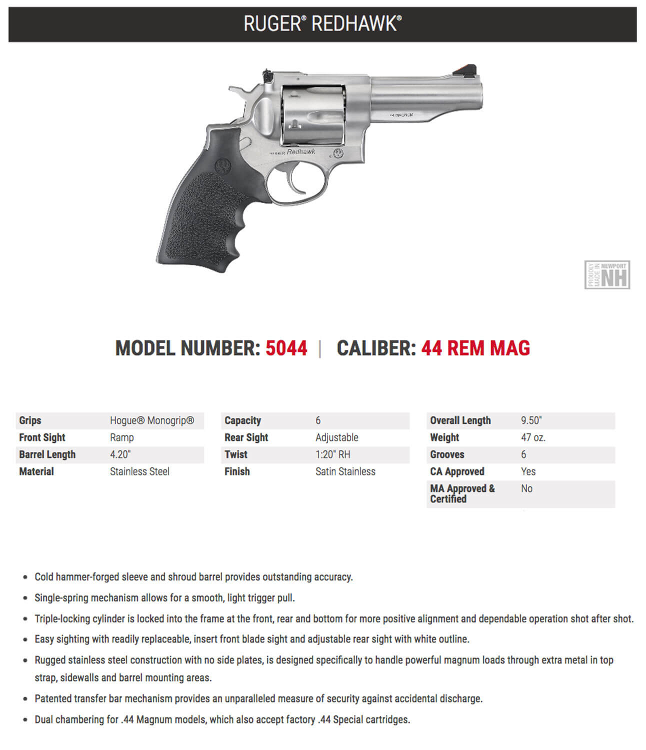 Ruger 5044 Redhawk 44 Special/44 Rem Mag 6rd 4.20" Satin Stainless Steel Barrel Dual Chambered Satin Stainless Cylinder Satin Stainless Steel Frame Hardwood Grip Exposed Hammer - Image 3