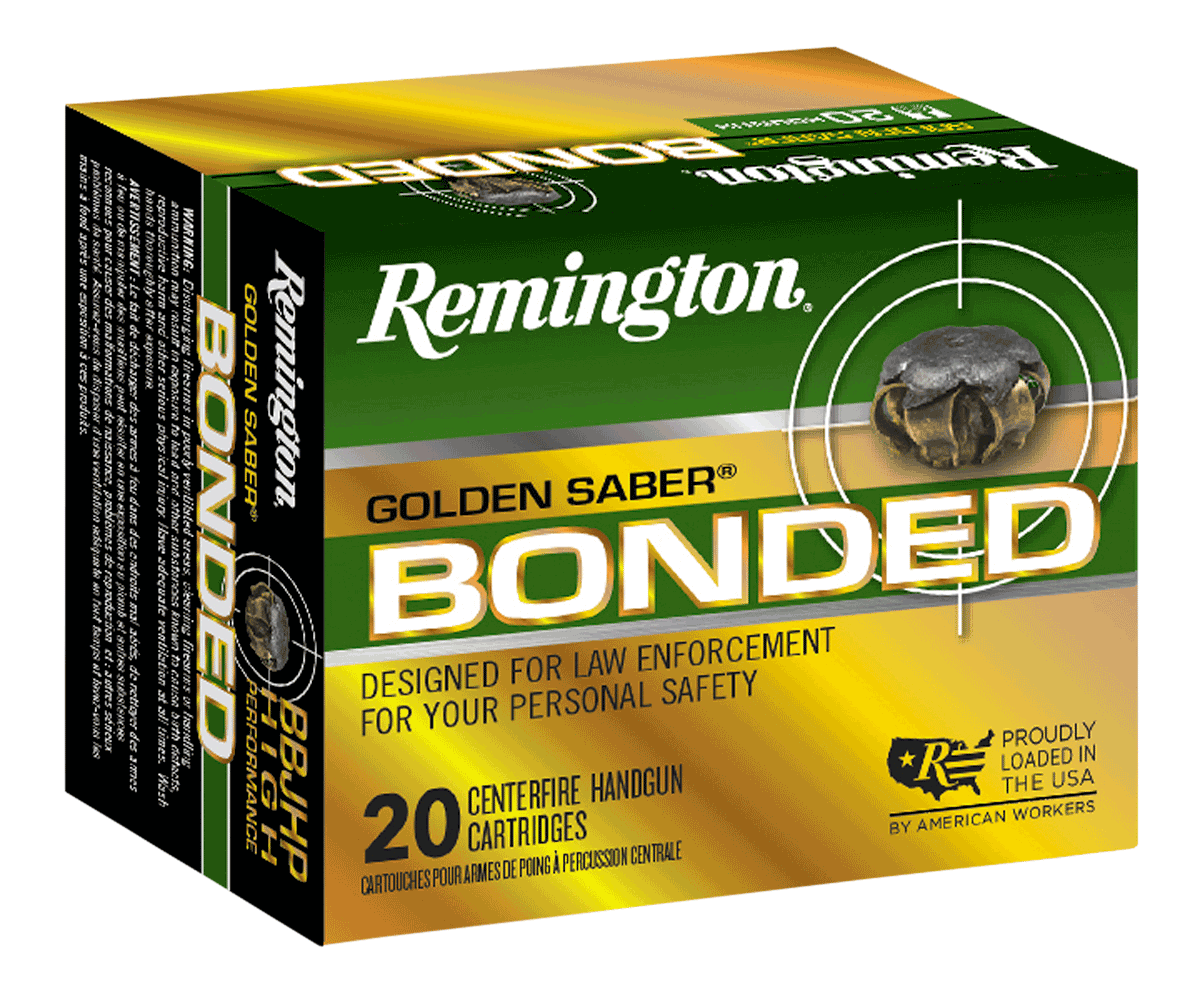 Remington Ammunition 29341 Golden Saber Bonded 9mm Luger +P 124 gr Bonded Brass Jacketed Hollow Point 20rd Box Remington Ammunition 29341 Golden Saber Bonded 9mm Luger +P 124 gr Bonded Brass Jacketed Hollow Point 20rd Box