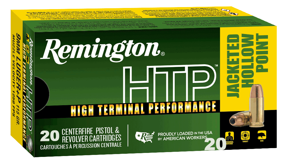 Remington Ammunition 28293 HTP 9mm Luger +P 115 gr Jacket Hollow Point 20rd Box Remington Ammunition 28293 HTP 9mm Luger +P 115 gr Jacket Hollow Point 20rd Box