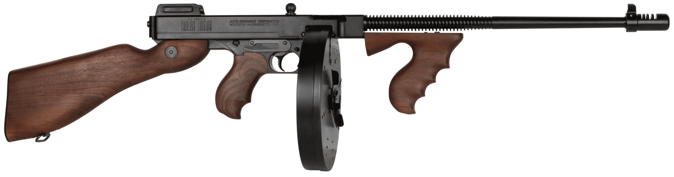 Thompson T5100D 1927A-1 45 ACP Caliber with 16.50″ Barrel 20+1 Capacity (Stick) 100+1 Capacity (Drum) Blued Metal Finish American Walnut Stock Wood Grip Right Hand Thompson T5100D 1927A-1 45 ACP Caliber with 16.50″ Barrel 20+1 Capacity (Stick) 100+1 Capacity (Drum) Blued Metal Finish American Walnut Stock Wood Grip Right Hand