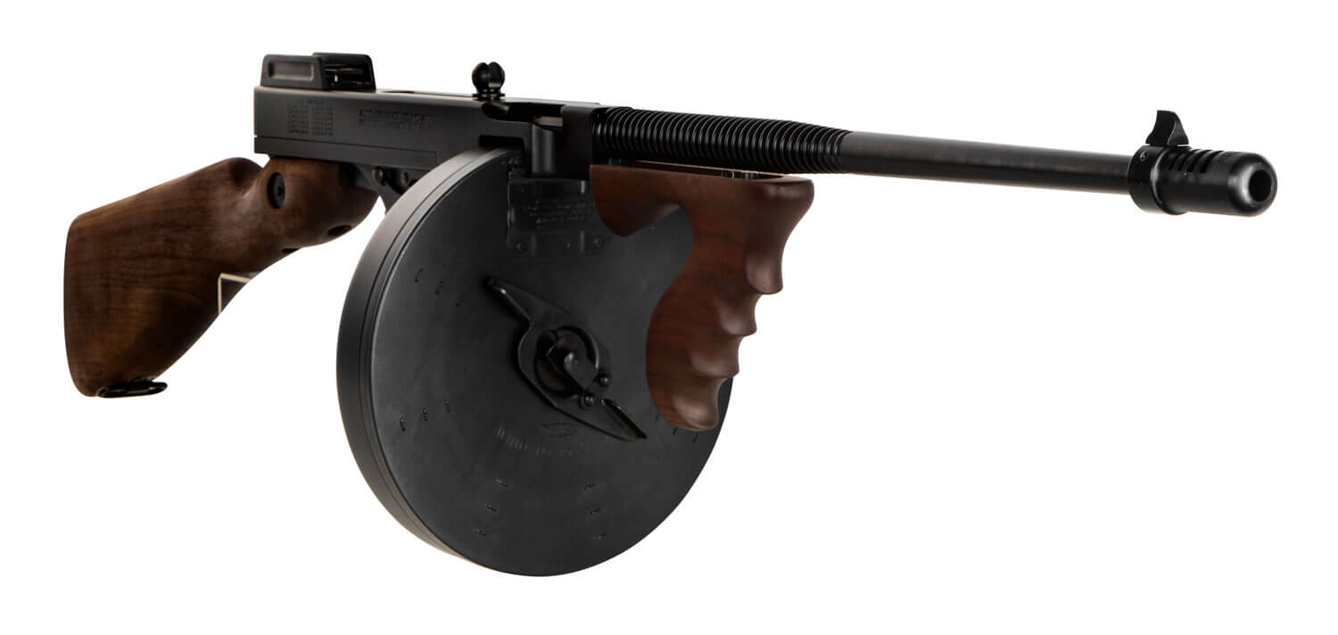 Thompson T5100D 1927A-1 45 ACP Caliber with 16.50″ Barrel 20+1 Capacity (Stick) 100+1 Capacity (Drum) Blued Metal Finish American Walnut Stock Wood Grip Right Hand Thompson T5100D 1927A-1 45 ACP Caliber with 16.50″ Barrel 20+1 Capacity (Stick) 100+1 Capacity (Drum) Blued Metal Finish American Walnut Stock Wood Grip Right Hand