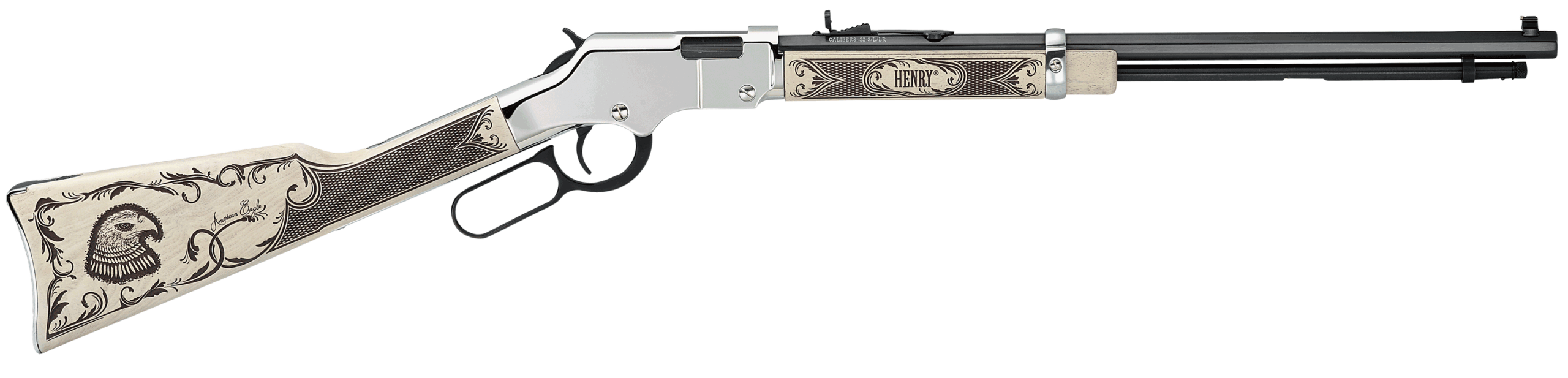 Henry H004AE Golden Boy Silver American Eagle Full Size 22 Short 22 Long 22 LR 16 LR/21 Short 20" Blued Barrel Nickel-Plated Metal Finish & Ivory American Walnut Stock Right Hand