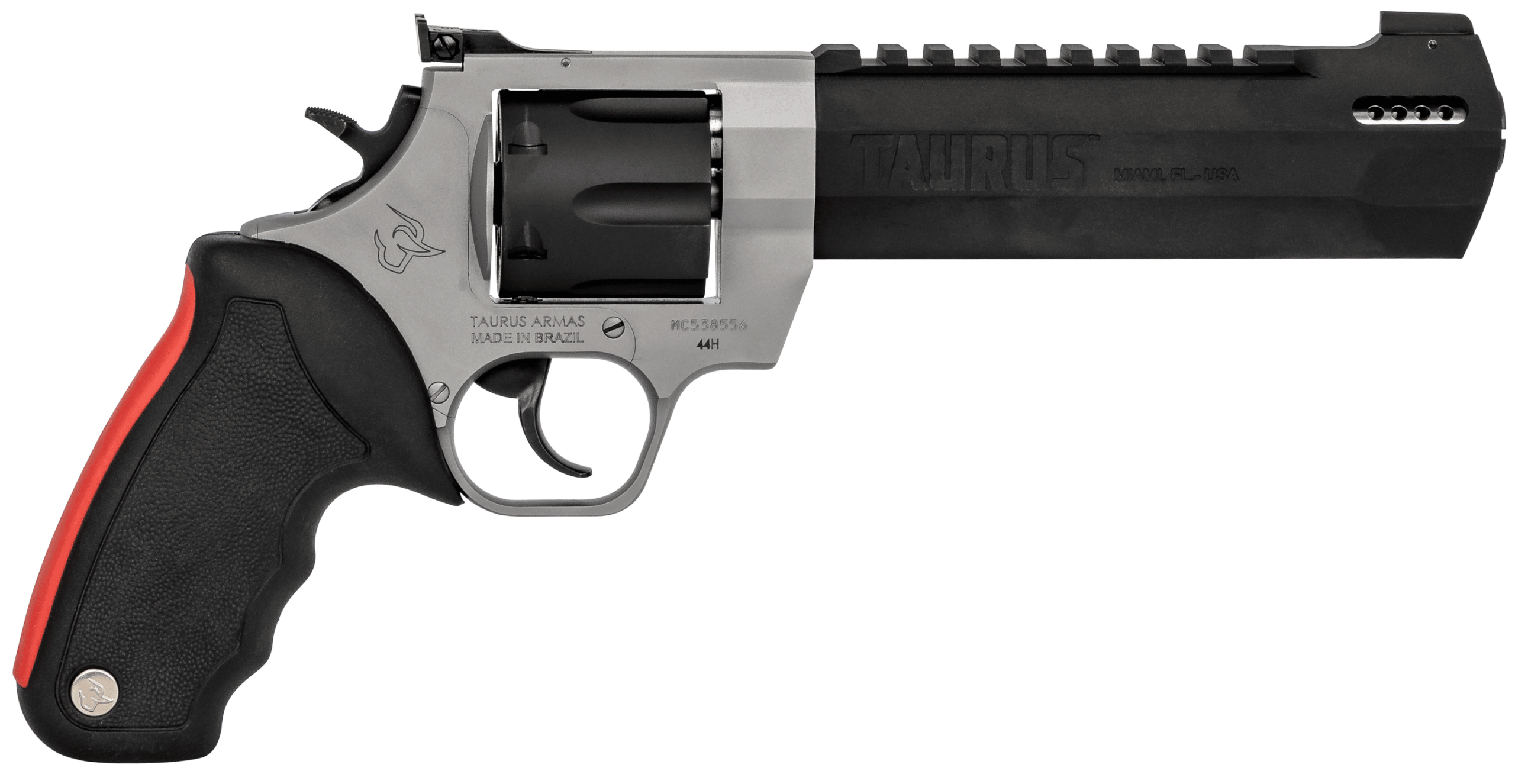 Taurus 2440065RH Raging Hunter 44 Rem Mag 6rd 6.75" Picatinny Rail/Ported Barrel Matte Black Oxide Finish Cylinder Matte Finish Stainless Steel Frame & Black Rubber with Integrated Red Cushion Insert Grip