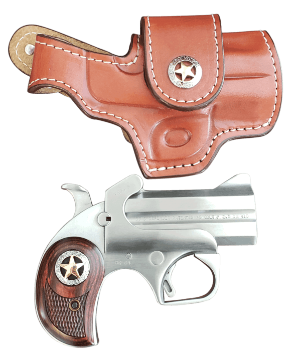 Bond Arms BARD Rustic Defender  45 Colt (LC) Caliber or 2.50″ 410 Gauge 2rd 3″ Barrel  Stainless Steel Finish  Rosewood Grip w/Integrated Star  Includes Exclusive Holster Package