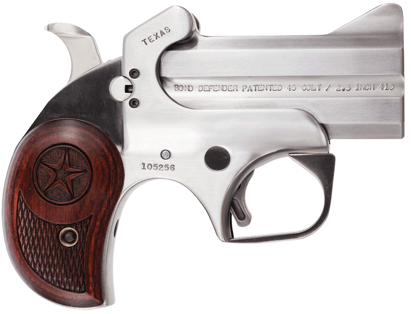Bond Arms BATD Texas Defender 45 Colt (LC)/410 Gauge 2rd 3″ Barrel Stainless Metal Finish Rosewood Grip Blade Front/Fixed Rear Sights Manual Safety Bond Arms BATD Texas Defender 45 Colt (LC)/410 Gauge 2rd 3″ Barrel Stainless Metal Finish Rosewood Grip Blade Front/Fixed Rear Sights Manual Safety