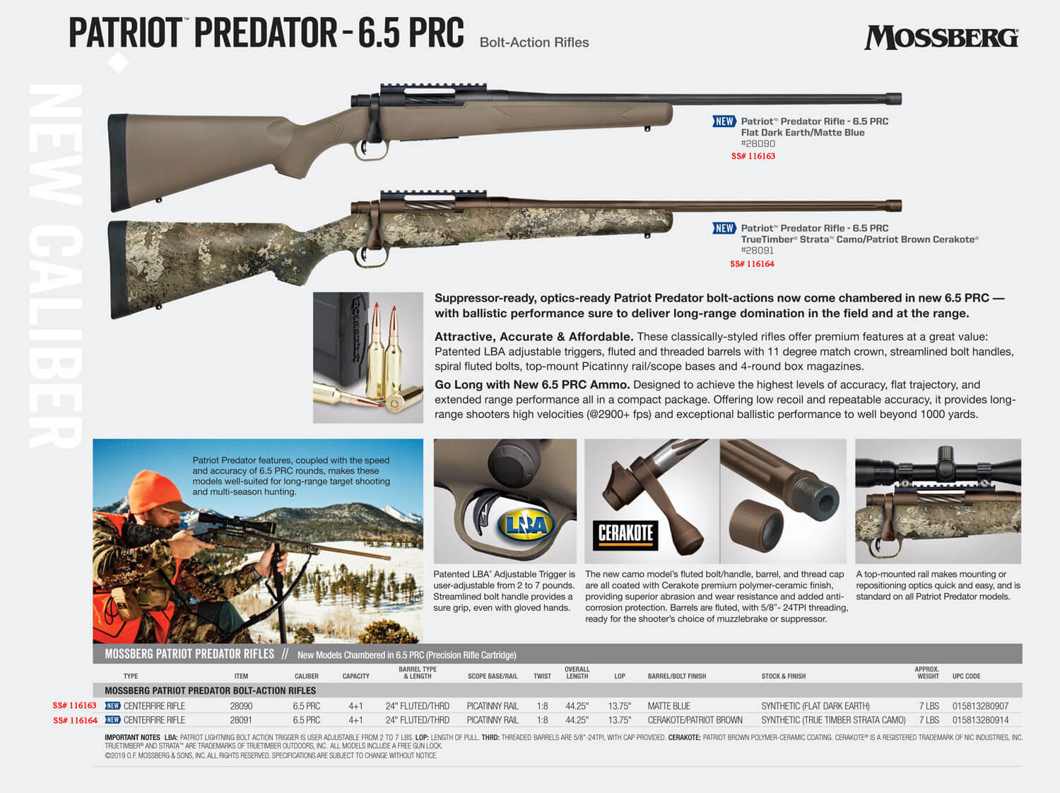 Mossberg 28091 Patriot Predator 6.5 PRC 4+1 24″ Threaded/Fluted Barrel Patriot Brown Cerakote Barrel & Oversized Bolt Handle Picatinny Rail Drop Box Magazine TrueTimber Strata Synthetic Stock Optics/Suppressor Ready Mossberg 28091 Patriot Predator 6.5 PRC 4+1 24″ Threaded/Fluted Barrel Patriot Brown Cerakote Barrel & Oversized Bolt Handle Picatinny Rail Drop Box Magazine TrueTimber Strata Synthetic Stock Optics/Suppressor Ready