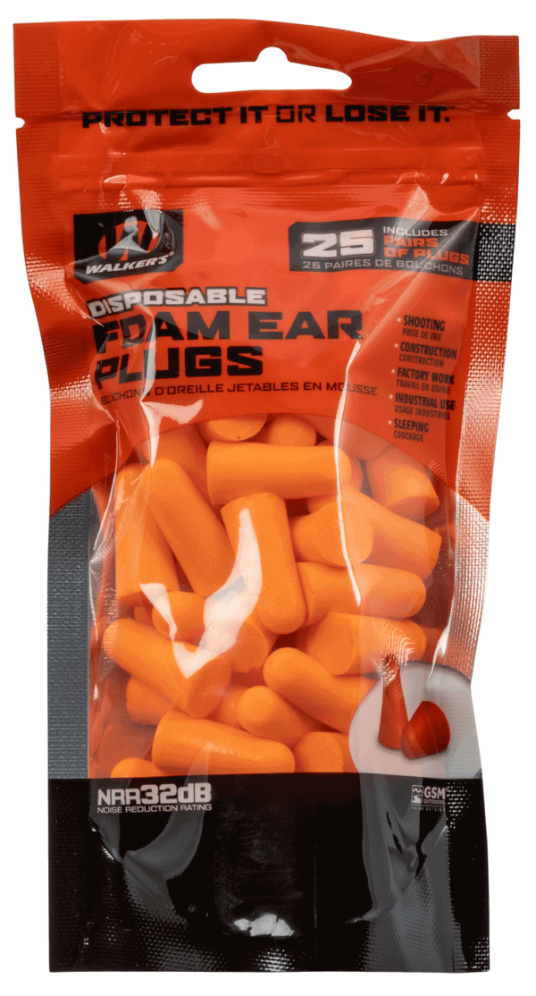 Walker’s GWPFP25BAG Foam Ear Plugs  Foam 32 dB In The Ear Orange Adult 25 Pair