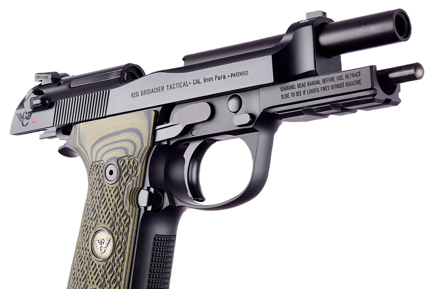 Wilson Combat BER92BRIG9 92G Brigadier Tactical 9mm Luger 15+1 4.70″ Target Crown Steel Barrel Black Serrated Steel Slide Black Steel Frame w/Picatinny Rail Dirty Olive G10 Grip Ambidextrous Wilson Combat BER92BRIG9 92G Brigadier Tactical 9mm Luger 15+1 4.70″ Target Crown Steel Barrel Black Serrated Steel Slide Black Steel Frame w/Picatinny Rail Dirty Olive G10 Grip Ambidextrous
