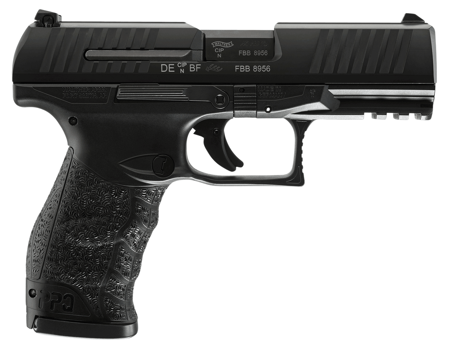 Walther Arms 2807076 PPQ M2 45 ACP 12+1 4.25" Black Steel Barrel Matte Black Tenifer Serrated Steel Slide Black Polymer Frame w/Picatinny Rail Black Finger Grooved Grip 3 Auto Safety
