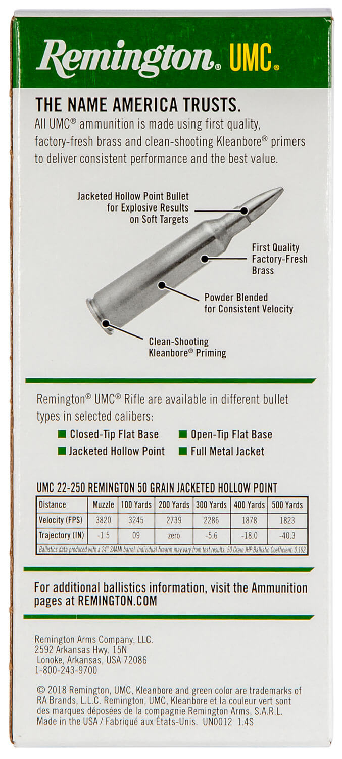 Remington Ammunition 23783 UMC Value Pack 22-250 Rem 50 gr Jacket Hollow Point 40 Per Box/ 10 Cs Remington Ammunition 23783 UMC Value Pack 22-250 Rem 50 gr Jacket Hollow Point 40 Per Box/ 10 Cs