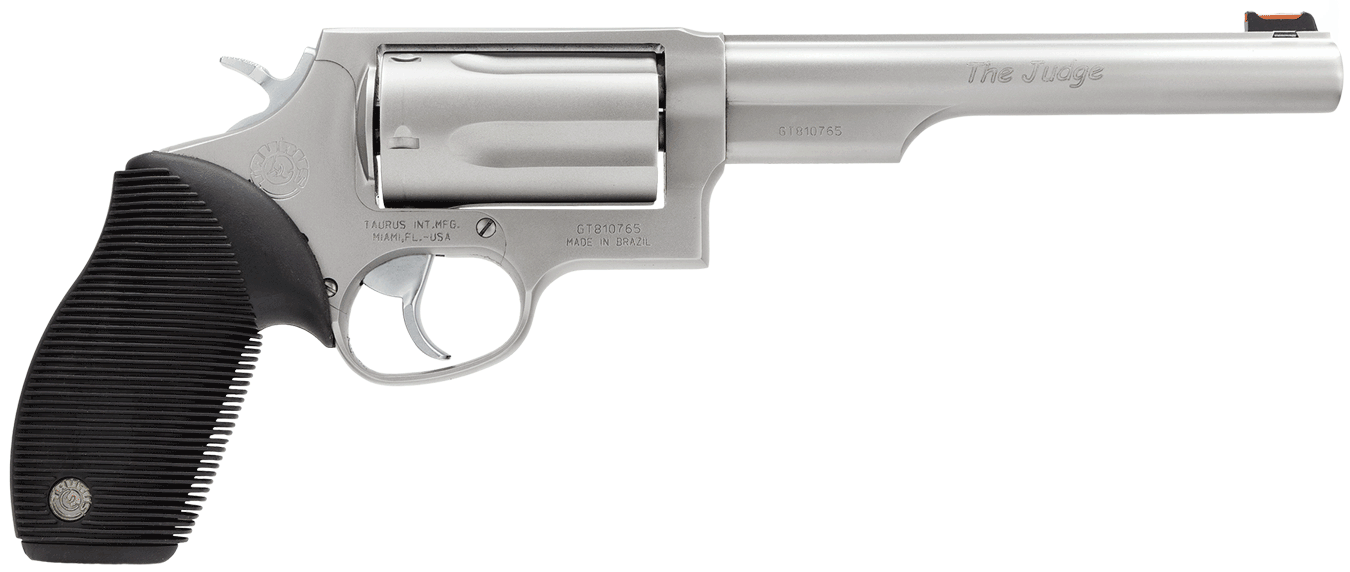 Taurus 2441069T Judge Compact Frame 45 Colt (Long Colt) 410 Bore 5rd 6.50" Matte Stainless Steel Barrel Cylinder & Frame Extended Ejector Rod Fiber Optic Front Sight Black Finger Groove Grip Transfer Bar Safety Exposed Hammer