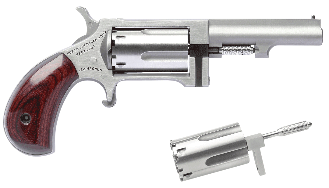 North American Arms SWC250 Sidewinder 22 LR or 22 WMR Caliber with 2.50" Barrel 5rd Capacity Cylinder Overall Stainless Steel Finish & Rosewood Birdshead Grip Includes Cylinder