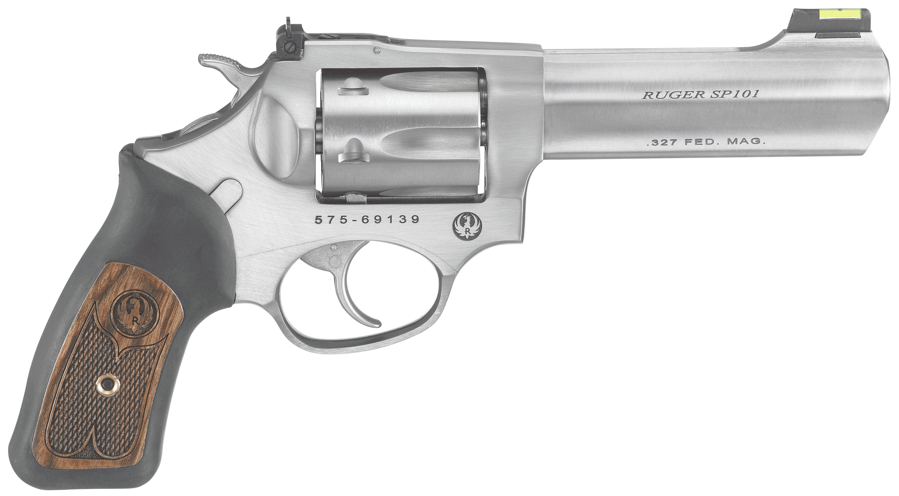 Ruger 5773 SP101 Small Frame 327 Federal Mag 6rd 4.20″ Satin Stainless Steel Barrel Cylinder & Frame Black Rubber w/Wood Insert Grip Exposed Hammer Transfer Bar Safety Ruger 5773 SP101 Small Frame 327 Federal Mag 6rd 4.20″ Satin Stainless Steel Barrel Cylinder & Frame Black Rubber w/Wood Insert Grip Exposed Hammer Transfer Bar Safety