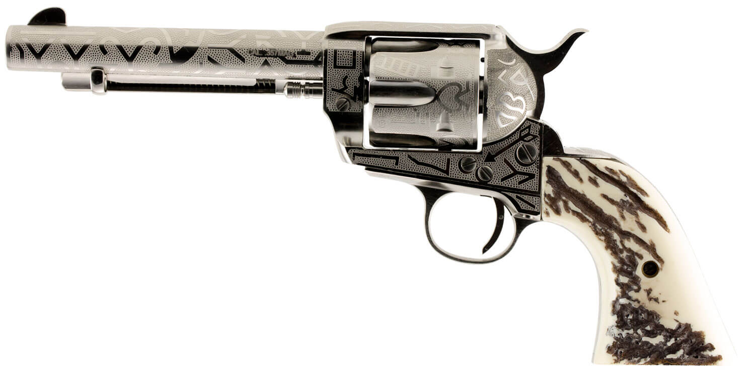 Taylors & Company 200062 1873 Cattle Brand 357 Mag 6rd 5.50″ Nickel Engraved Imitation Stag Grip Taylors & Company 200062 1873 Cattle Brand 357 Mag 6rd 5.50″ Nickel Engraved Imitation Stag Grip