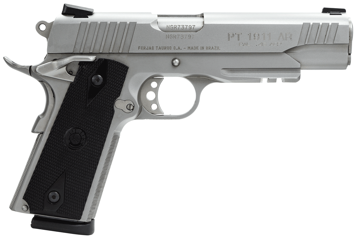 Taurus 1191109SS1 1911 Full Size Frame 45 ACP 8+1 5" Matte Stainless Steel Barrel Serrated Stainless Steel Slide Matte Stainless Steel Frame w/Beavertail & Picatinny Rail Black Checkered Polymer Grip Right Hand