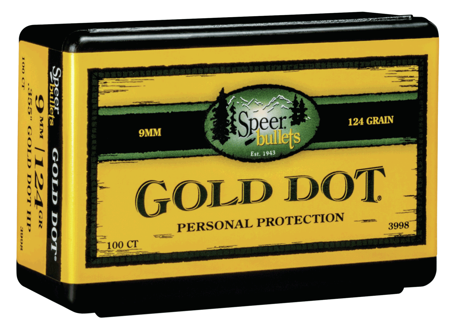 Speer 3998 Gold Dot Personal Protection 9mm .355 124 gr Hollow Point 100rd Box/ 5 Case Speer 3998 Gold Dot Personal Protection 9mm .355 124 gr Hollow Point 100rd Box/ 5 Case