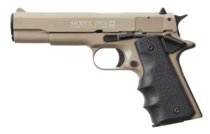 Chiappa Firearms 401120 1911-22 22 LR 10+1 5″ Tan Serrated Steel Slide w/Beavertail Frame Black Hogue Rubber w/Finger Grooves Grip