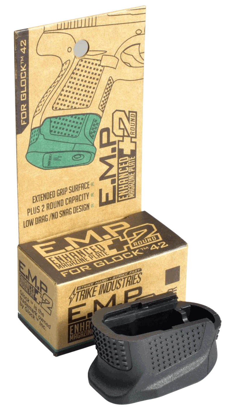 Strike Industries EMPG42B Enhanced Magazine Plate made of Polymer with Black Finish & Extra Gripping Surface for Glock 42 Magazines (Adds 2rds) Strike Industries EMPG42B Enhanced Magazine Plate made of Polymer with Black Finish & Extra Gripping Surface for Glock 42 Magazines (Adds 2rds)