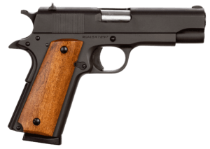 Rock Island 51417 GI Standard MS *CA Compliant 45 ACP Caliber with 4.20″ Barrel  8+1 Capacity  Overall Black Parkerized Finish Steel  Beavertail Frame  Serrated Slide & Wood Grip