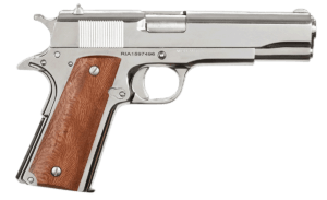 Rock Island 51814 GI Standard FS *CA Compliant 38 Super Caliber with 5″ Barrel  10+1 Capacity  Overall Polished Nickel Finish Steel  Beavertail Frame  Serrated Slide & Wood Grip