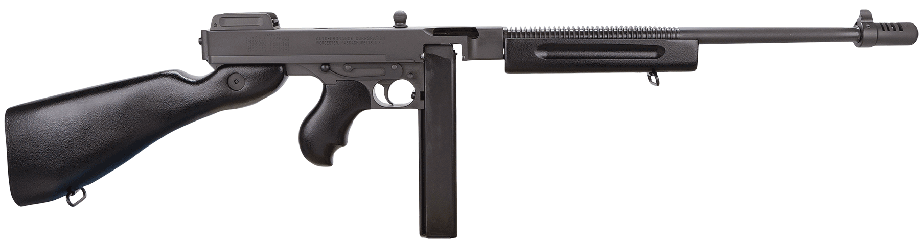 Thompson T1C 1927A-1 Commando Carbine 45 ACP Caliber with 16.50″ Barrel 20+1 Capacity (Stick) Black Parkerized Metal Finish American Walnut Stock Right Hand Includes Black Nylon Sling Thompson T1C 1927A-1 Commando Carbine 45 ACP Caliber with 16.50″ Barrel 20+1 Capacity (Stick) Black Parkerized Metal Finish American Walnut Stock Right Hand Includes Black Nylon Sling