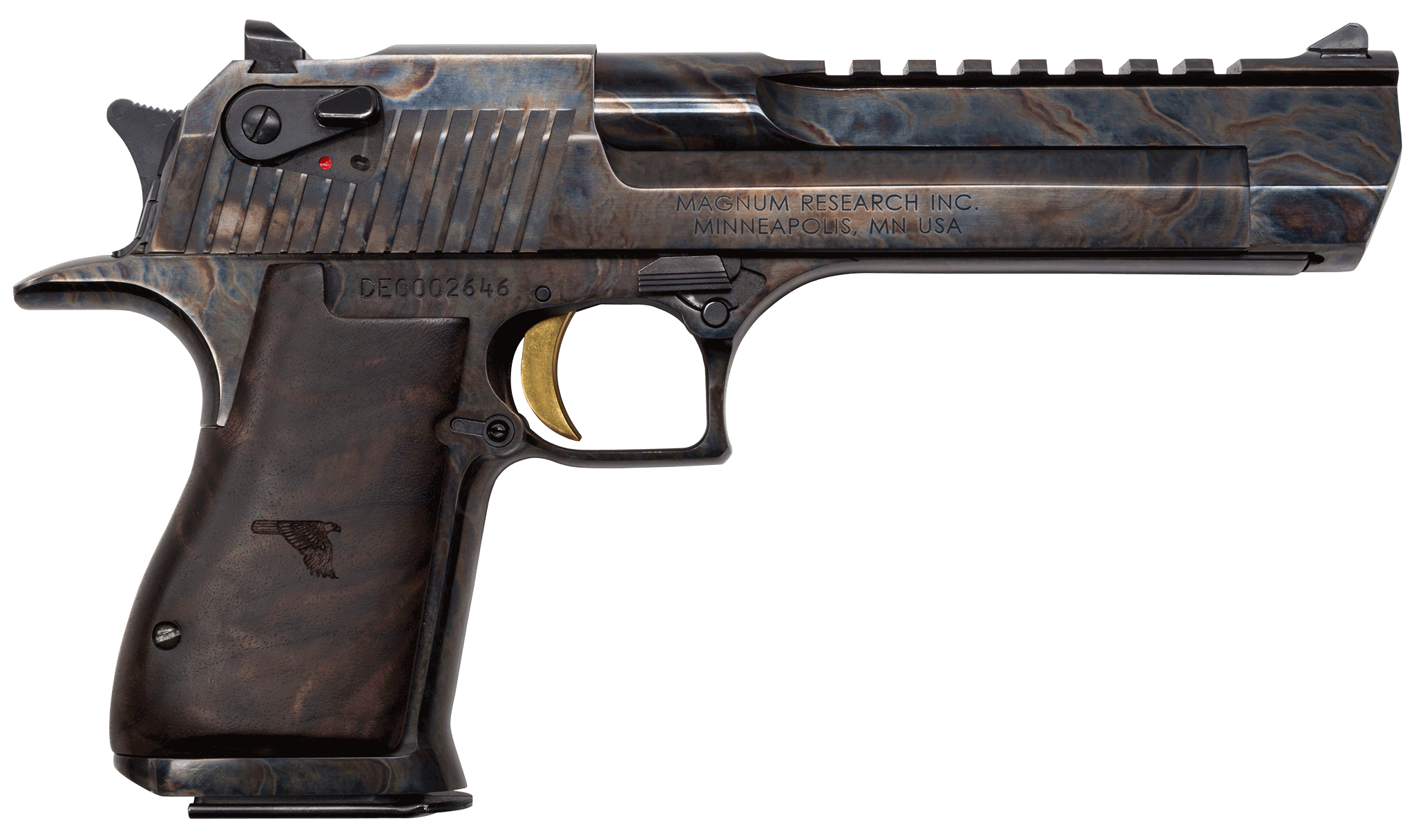 Magnum Research DE50CH Desert Eagle Mark XIX 50 AE 7+1 6" Color Case Hardened Carbon Steel w/Picatinny Rail Barrel Clear Cerakote Color Case Hardened Serrated Carbon Steel Slide & Frame w/Beavertail Walnut w/Engraved Desert Eagle Logo Grip Ambidextrou