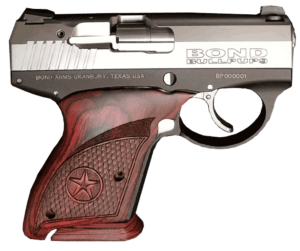 Bond Arms BABP BullPup9  Micro-Compact Frame 9mm Luger 7+1  3.35″ Stainless Steel Barrel  Stainless Serrated Steel Slide  Black Aluminum Frame  Engraved Rosewood Grips