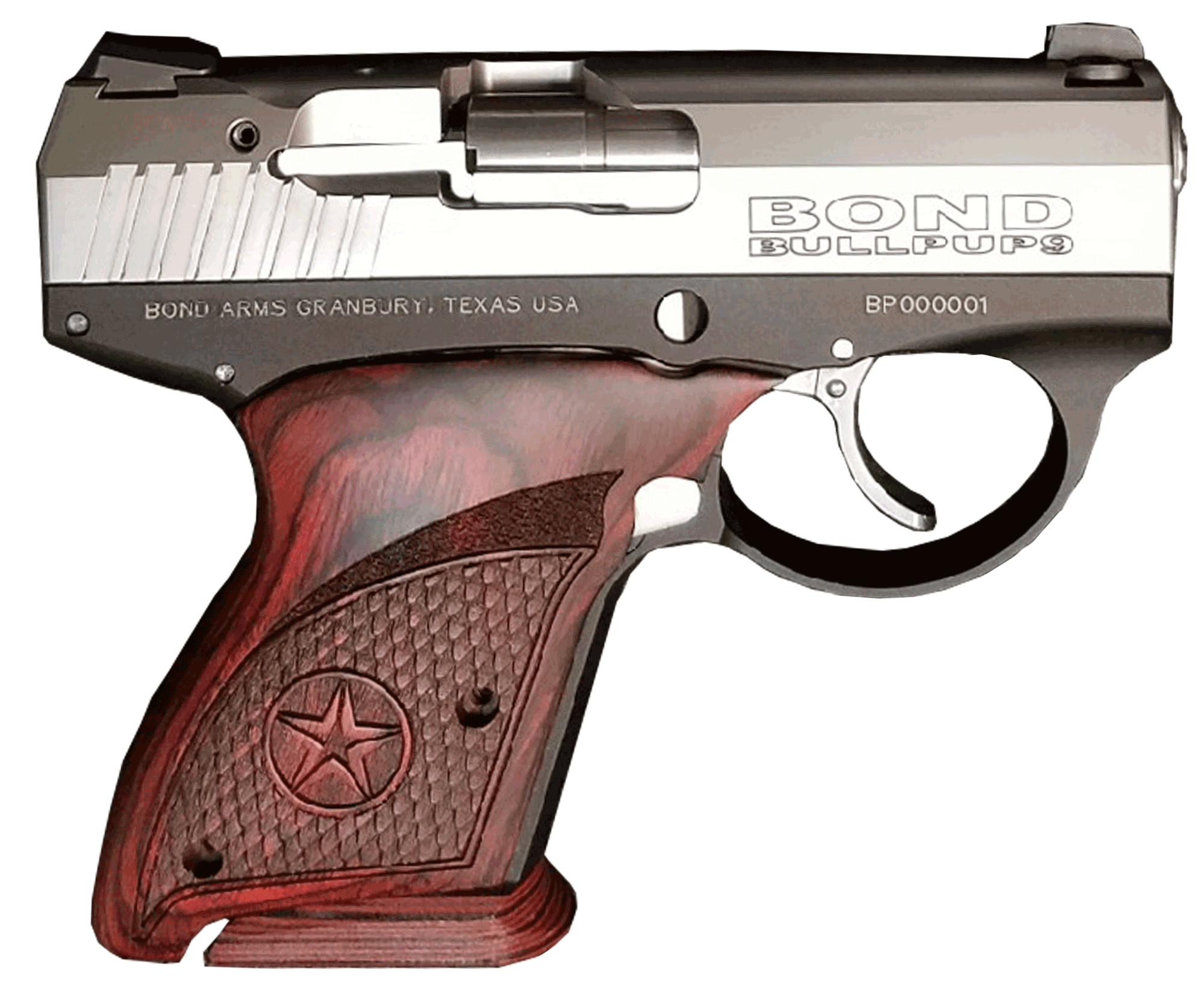 Bond Arms BABP BullPup9 Micro-Compact Frame 9mm Luger 7+1 3.35″ Stainless Steel Barrel Stainless Serrated Steel Slide Black Aluminum Frame Engraved Rosewood Grips Bond Arms BABP BullPup9 Micro-Compact Frame 9mm Luger 7+1 3.35″ Stainless Steel Barrel Stainless Serrated Steel Slide Black Aluminum Frame Engraved Rosewood Grips