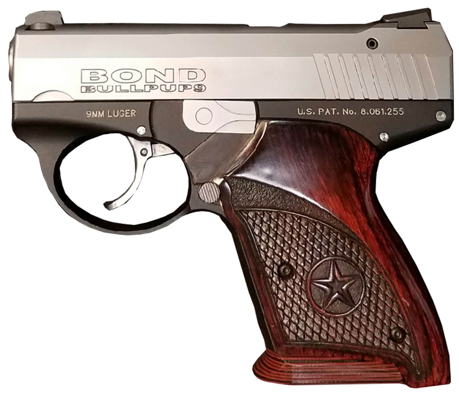 Bond Arms BABP BullPup9 Micro-Compact Frame 9mm Luger 7+1 3.35″ Stainless Steel Barrel Stainless Serrated Steel Slide Black Aluminum Frame Engraved Rosewood Grips Bond Arms BABP BullPup9 Micro-Compact Frame 9mm Luger 7+1 3.35″ Stainless Steel Barrel Stainless Serrated Steel Slide Black Aluminum Frame Engraved Rosewood Grips