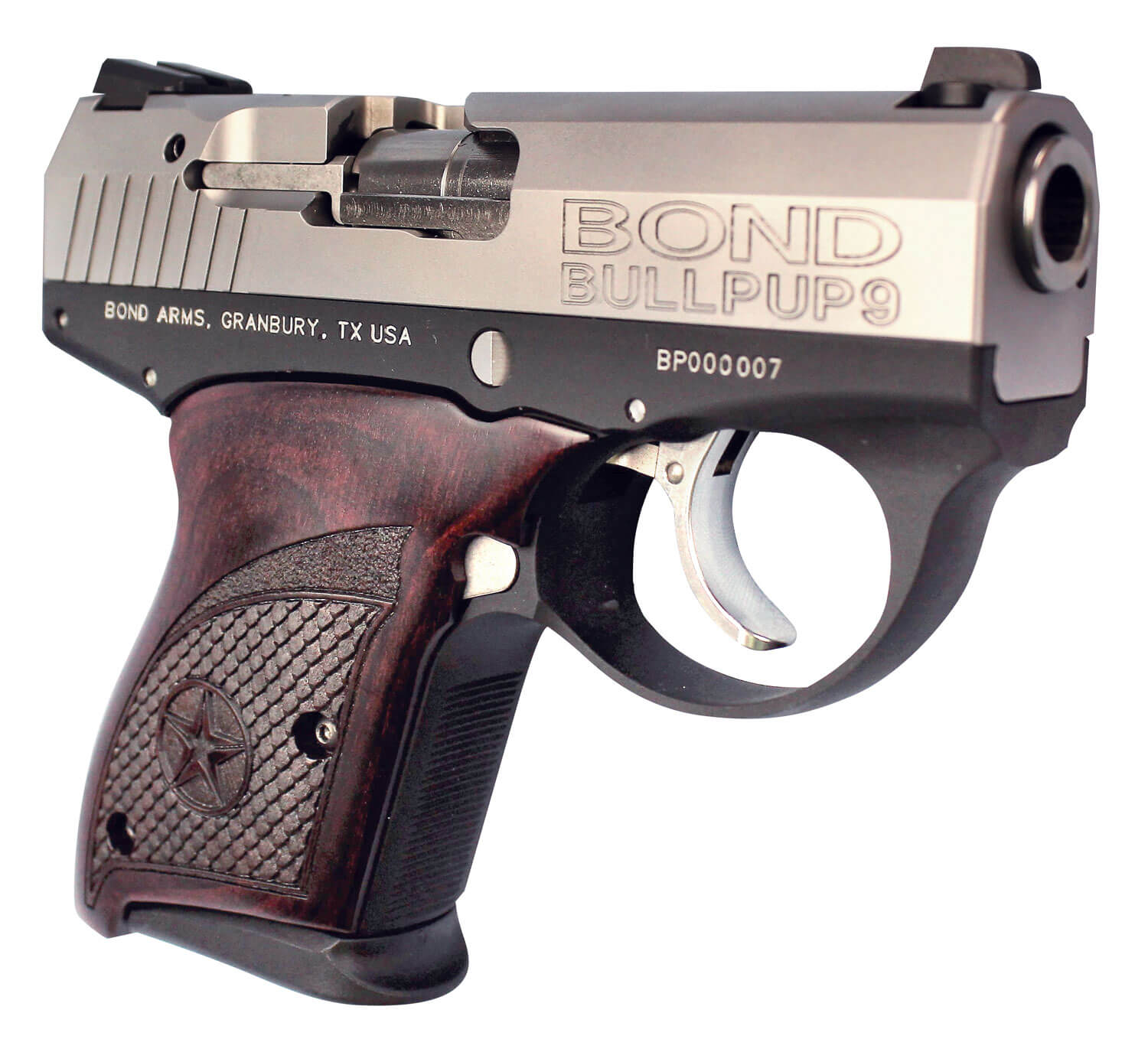 Bond Arms BABP BullPup9 Micro-Compact Frame 9mm Luger 7+1 3.35″ Stainless Steel Barrel Stainless Serrated Steel Slide Black Aluminum Frame Engraved Rosewood Grips Bond Arms BABP BullPup9 Micro-Compact Frame 9mm Luger 7+1 3.35″ Stainless Steel Barrel Stainless Serrated Steel Slide Black Aluminum Frame Engraved Rosewood Grips