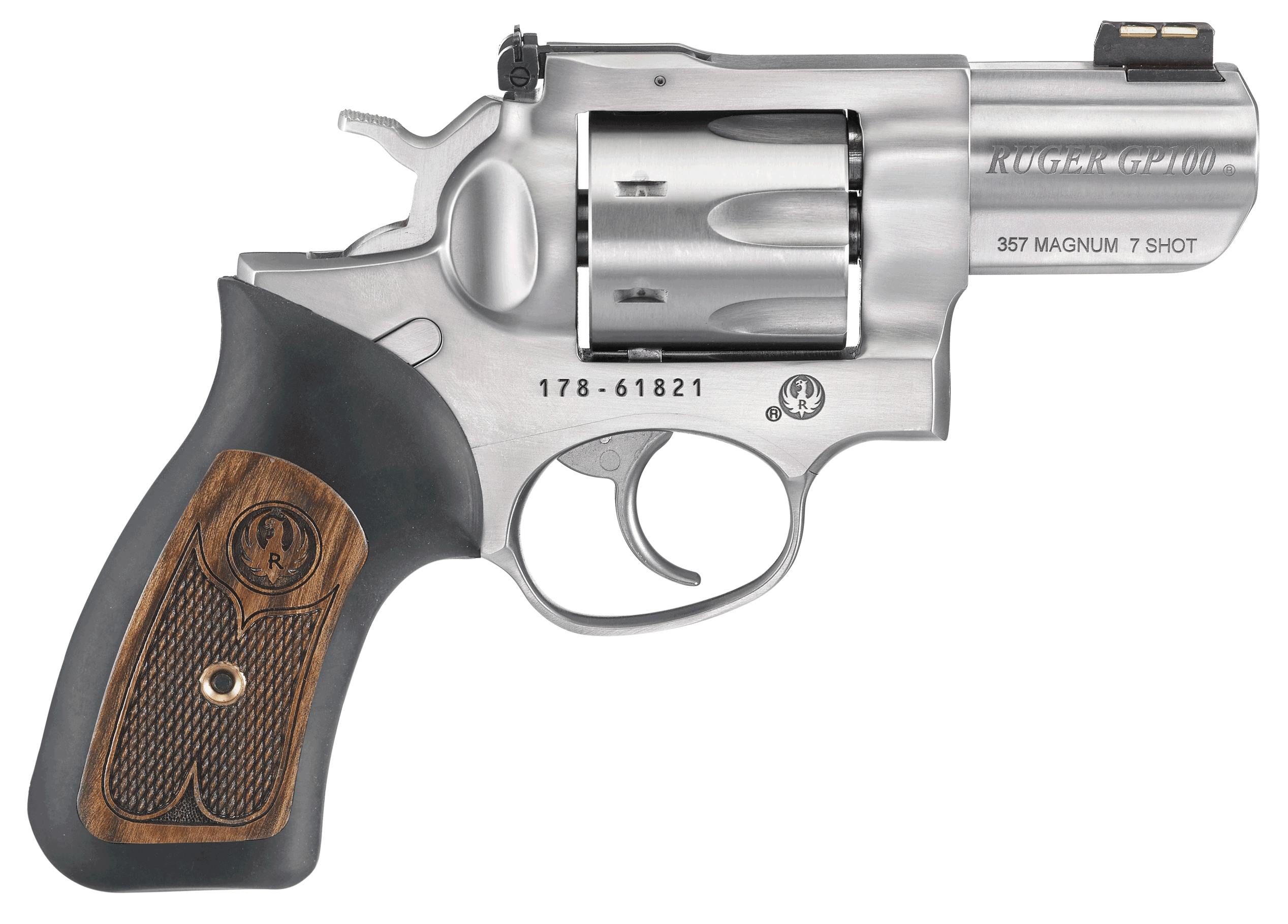 Ruger 1774 GP100 Small Frame 357 Mag 7 Shot 2.50″ Satin Stainless Steel Barrel Satin Stainless Cylinder Satin Stainless Steel Frame Black Rubber w/Wood Insert Grip Exposed Hammer Ruger 1774 GP100 Small Frame 357 Mag 7 Shot 2.50″ Satin Stainless Steel Barrel Satin Stainless Cylinder Satin Stainless Steel Frame Black Rubber w/Wood Insert Grip Exposed Hammer
