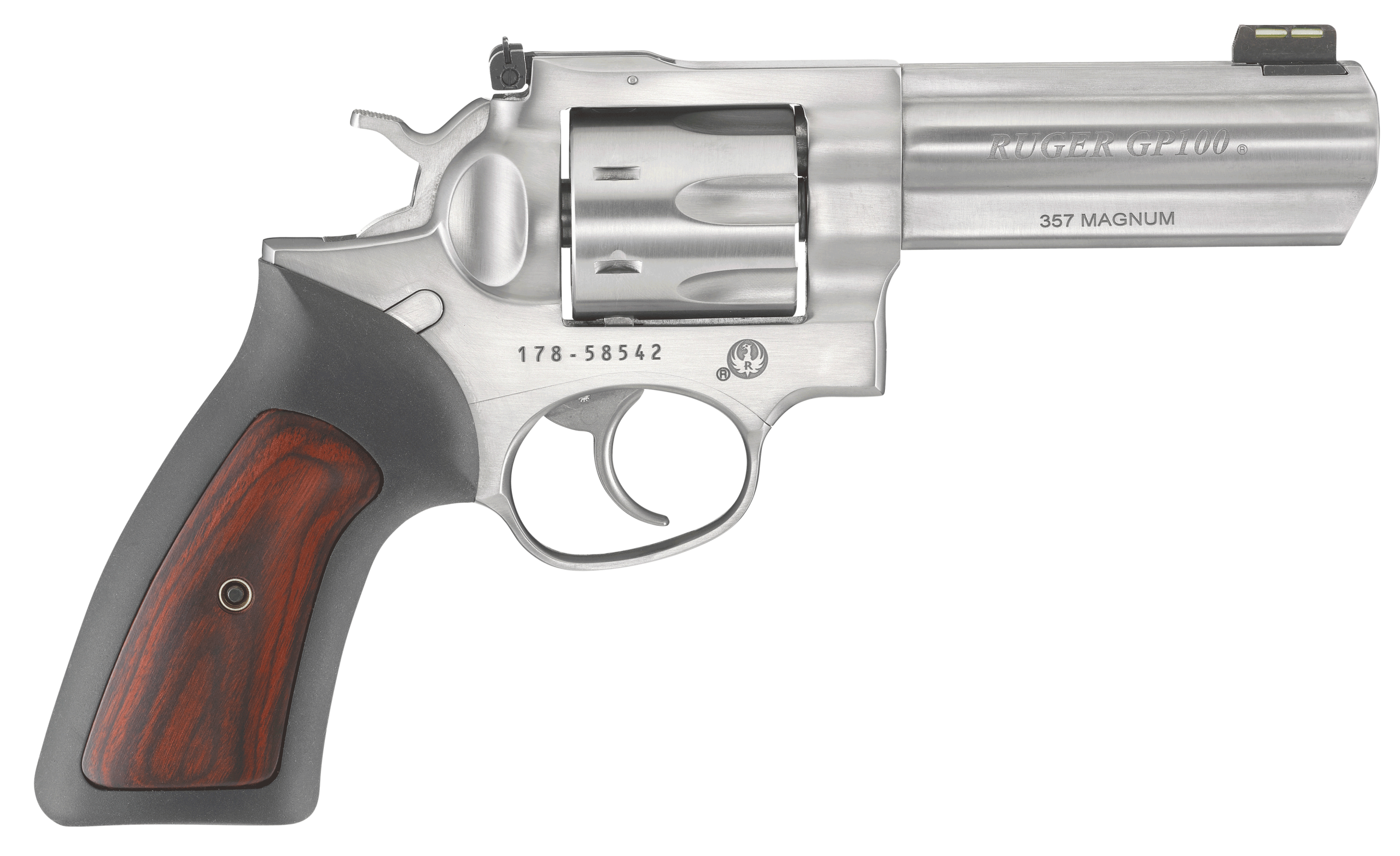 Ruger 1771 GP100 357 Mag 7 Shot 4.20" Satin Stainless Steel Barrel Satin Stainless Cylinder Satin Stainless Steel Frame Black Rubber w/Wood Insert Grip Exposed Hammer