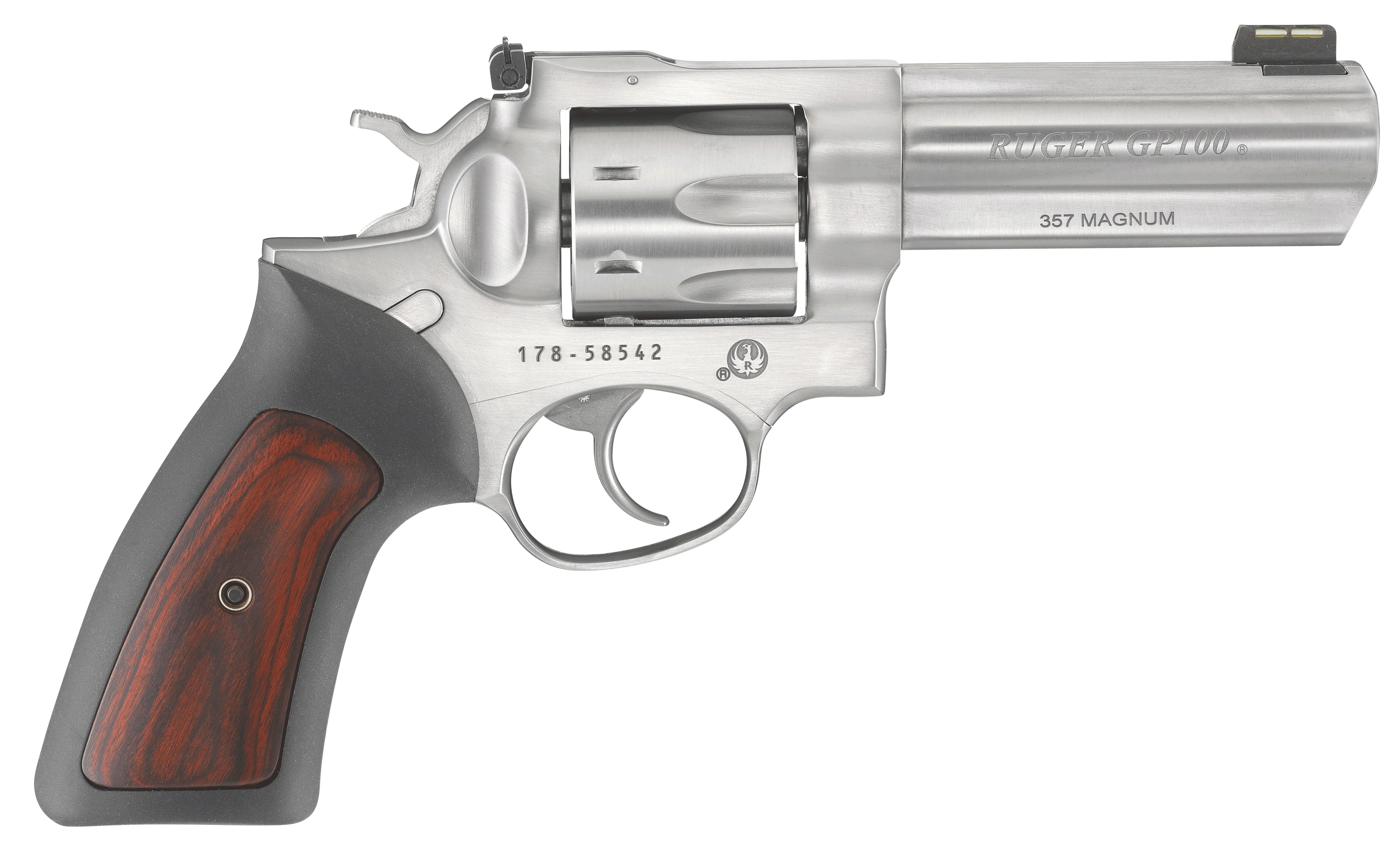 Ruger 1771 GP100 357 Mag 7 Shot 4.20″ Satin Stainless Steel Barrel Satin Stainless Cylinder Satin Stainless Steel Frame Black Rubber w/Wood Insert Grip Exposed Hammer Ruger 1771 GP100 357 Mag 7 Shot 4.20″ Satin Stainless Steel Barrel Satin Stainless Cylinder Satin Stainless Steel Frame Black Rubber w/Wood Insert Grip Exposed Hammer