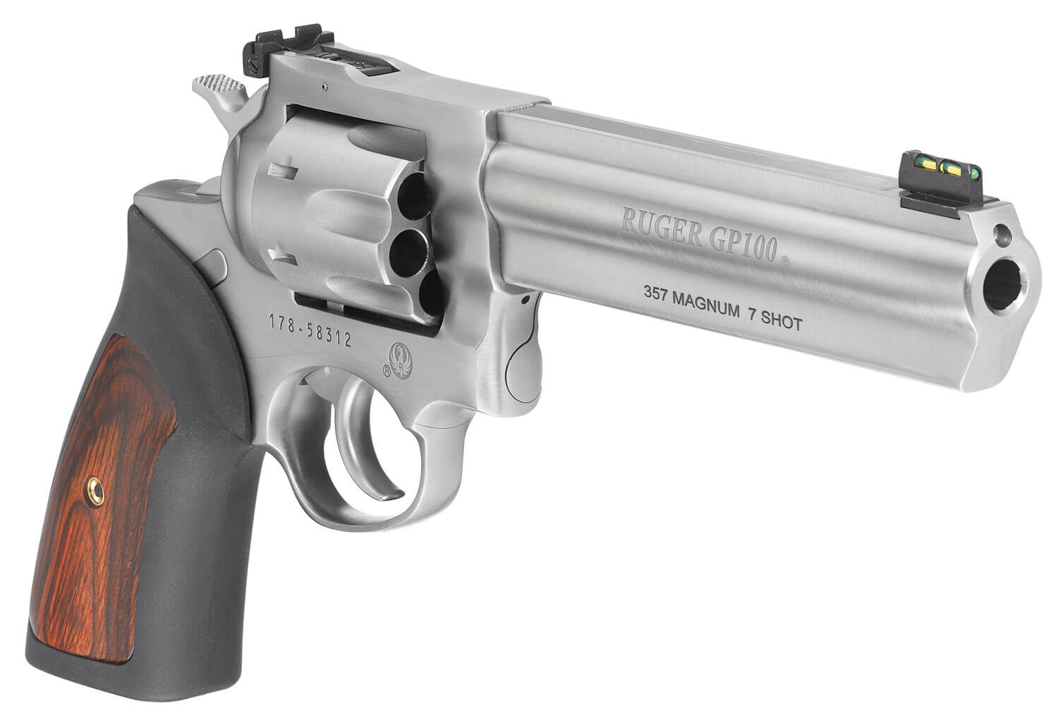 Ruger 1773 GP100 357 Mag 7 Shot 6″ Satin Stainless Steel Barrel Satin Stainless Cylinder Satin Stainless Steel Frame Black Rubber w/Wood Insert Grip Exposed Hammer Ruger 1773 GP100 357 Mag 7 Shot 6″ Satin Stainless Steel Barrel Satin Stainless Cylinder Satin Stainless Steel Frame Black Rubber w/Wood Insert Grip Exposed Hammer