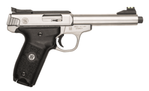 Smith & Wesson 10201 SW22 Victory Full Size Frame 22 LR 10+1  5.50″ Satin Stainless Steel Threaded Barrel  Slide & Frame  Black Textured Grip  Thumb Safety